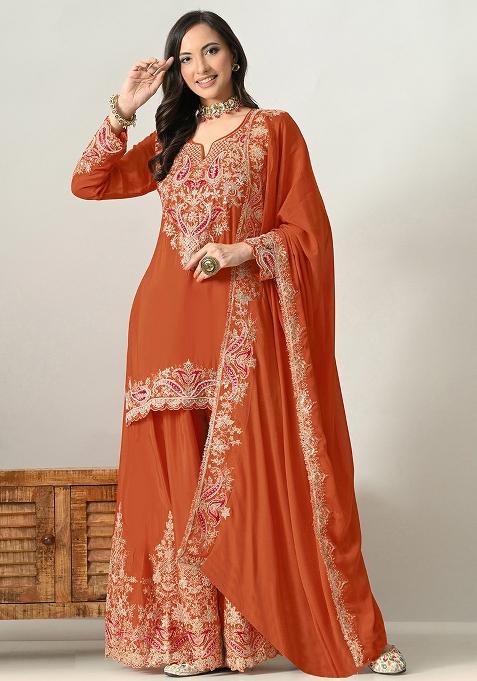 Orange Embroidery Chinon Kurta Set