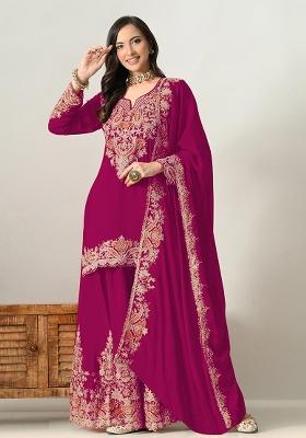 Pink Embroidery Chinon Kurta Set