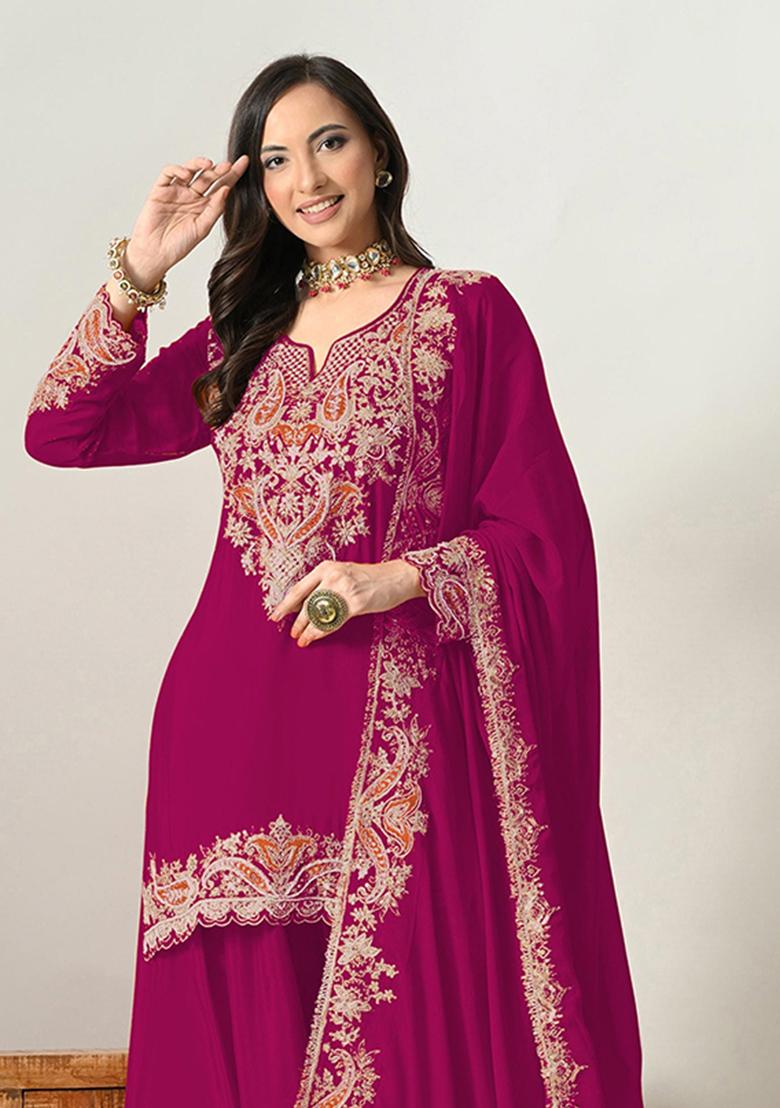 Pink Embroidery Chinon Kurta Set - Indya