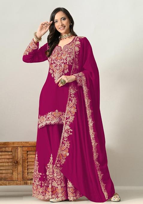 Pink Embroidery Chinon Kurta Set