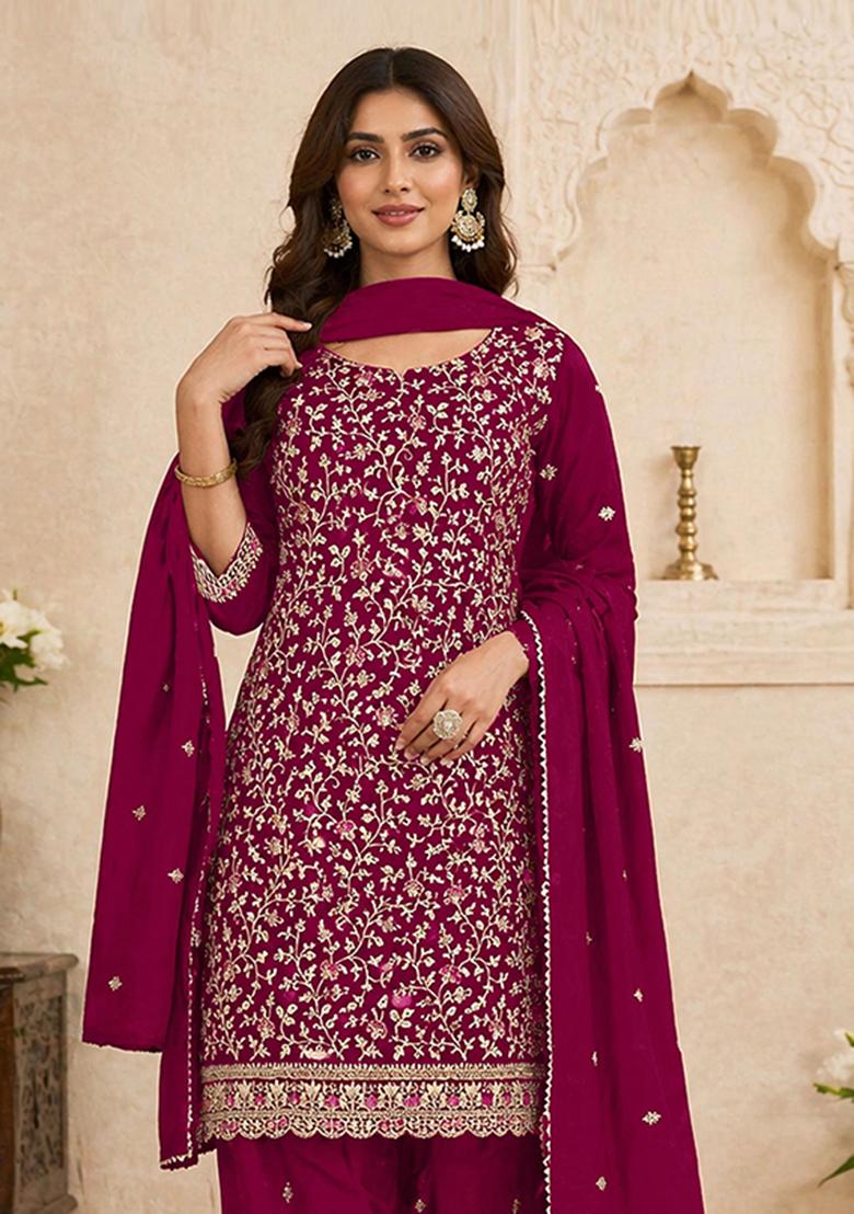 Rani Pink Embroidery Georgette Kurta Set - Indya