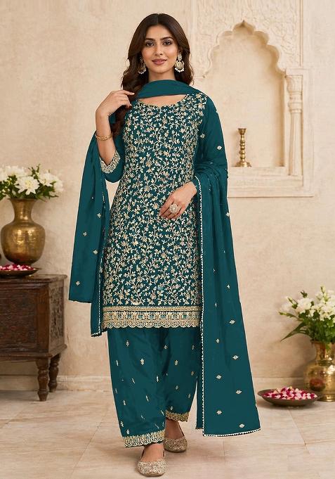 Blue Embroidery Georgette Kurta Set