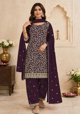 Purple Embroidery Georgette Kurta Set