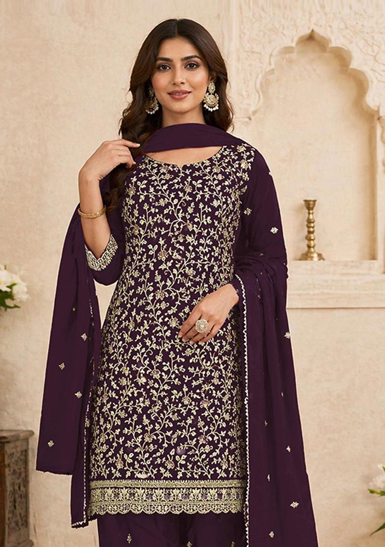 Purple Embroidery Georgette Kurta Set - Indya