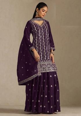 Magenta Embroidery Chinon Kurta Set