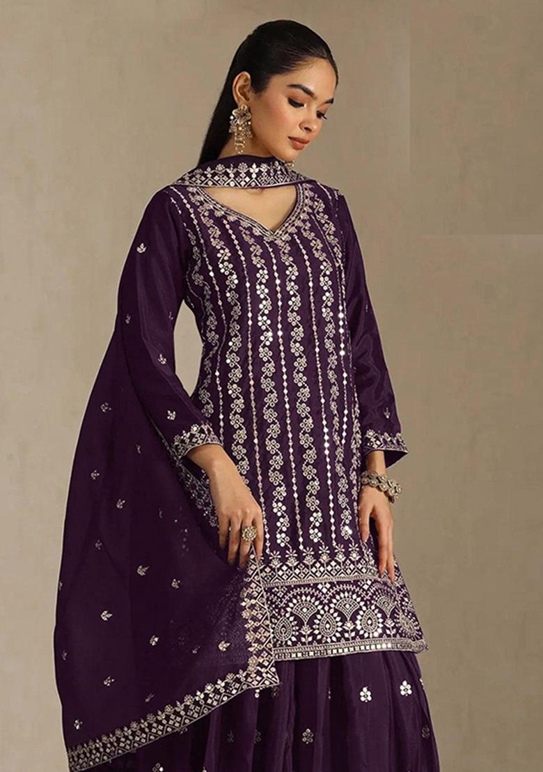 Magenta Embroidery Chinon Kurta Set - Indya