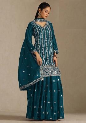 Blue Embroidery Chinon Kurta Set