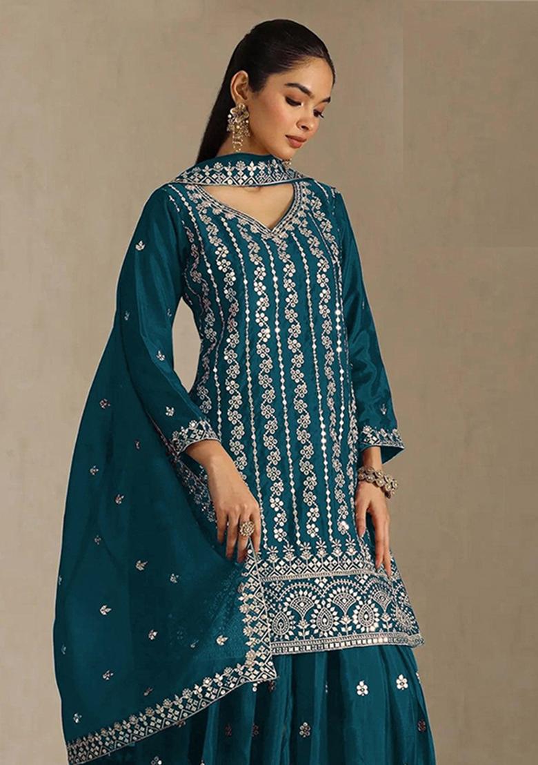 Blue Embroidery Chinon Kurta Set - Indya