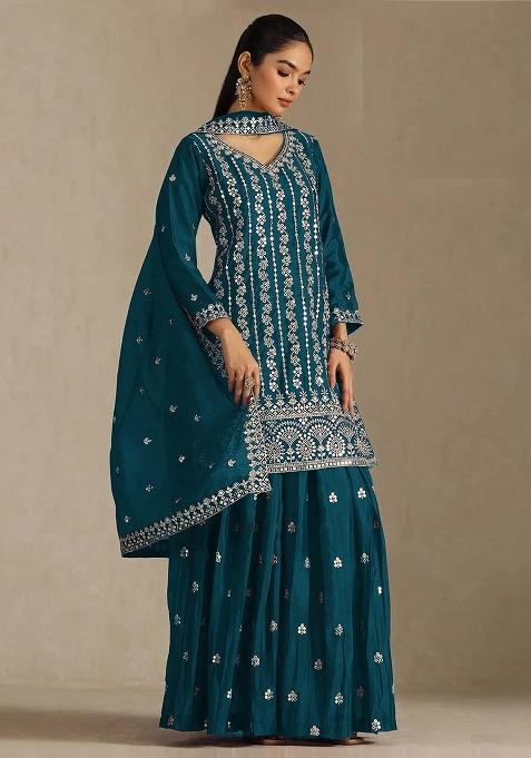 Blue Embroidery Chinon Kurta Set