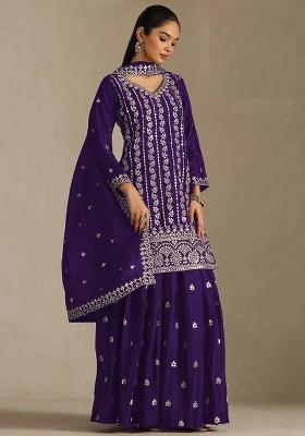 Purple Embroidery Chinon Kurta Set