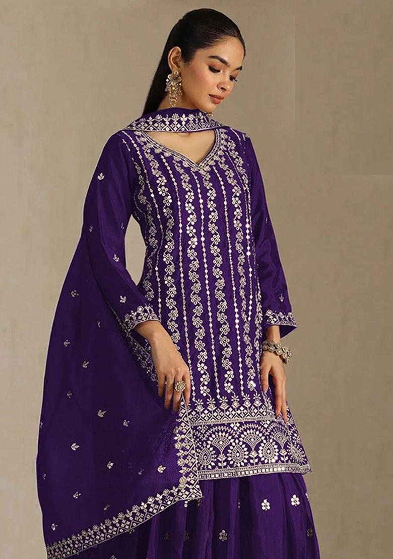 Purple Embroidery Chinon Kurta Set - Indya