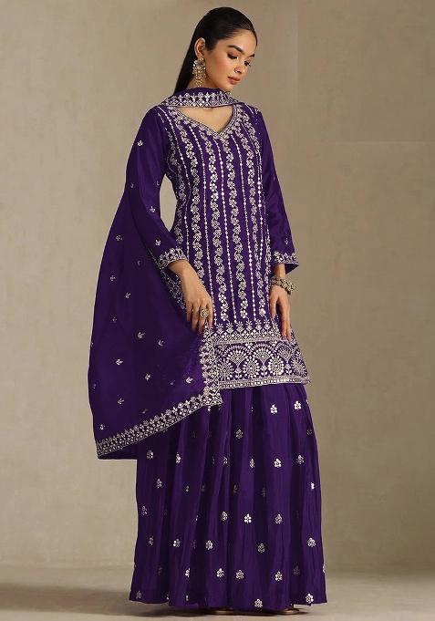 Purple Embroidery Chinon Kurta Set
