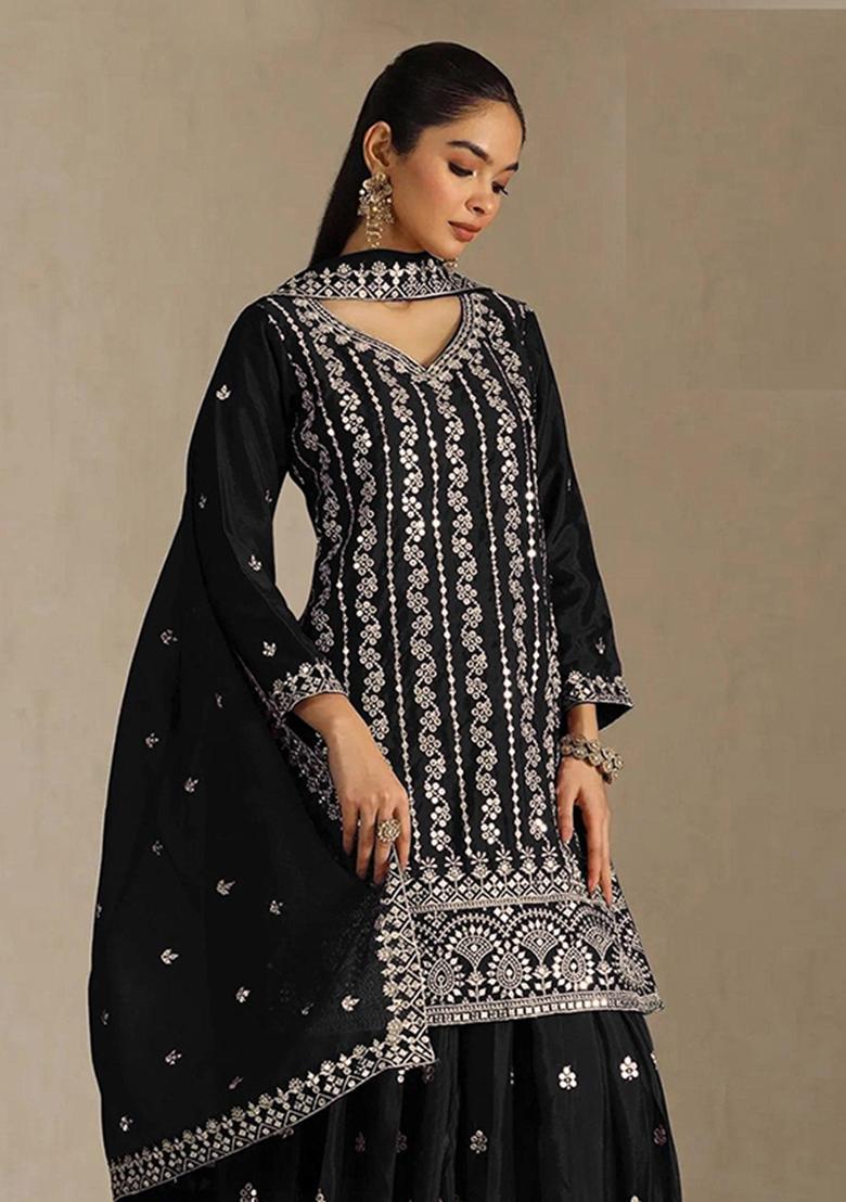 Black Embroidery Chinon Kurta Set - Indya