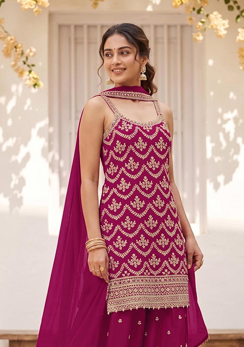 Red Embroidered Silk Kurta Set - Indya