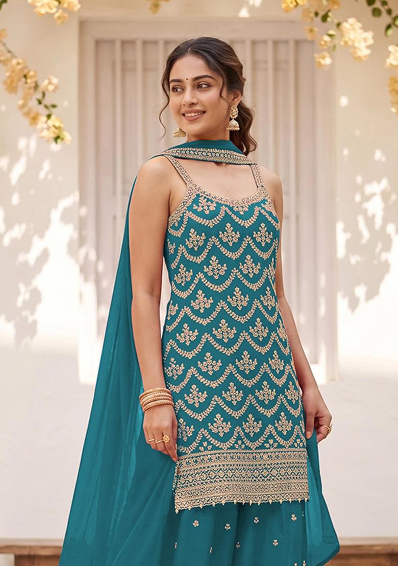 Blue Embroidered Silk Kurta Set - Indya