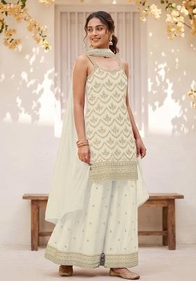 White Embroidered Silk Kurta Set