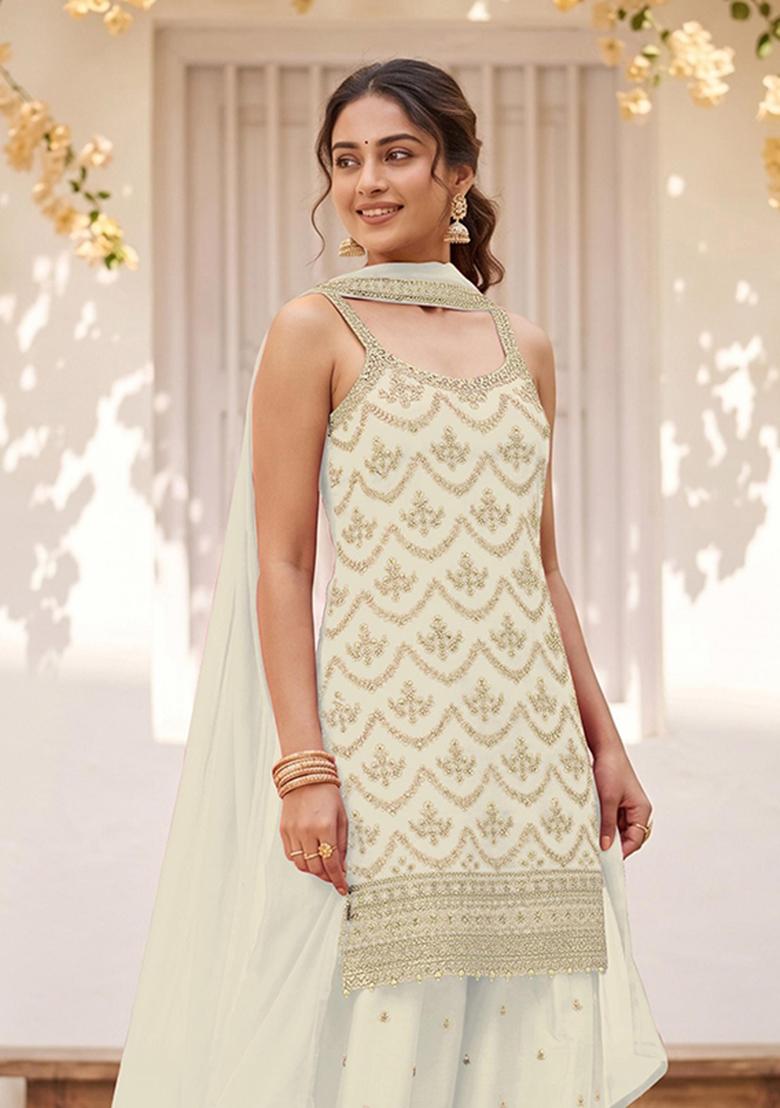 White Embroidered Silk Kurta Set - Indya