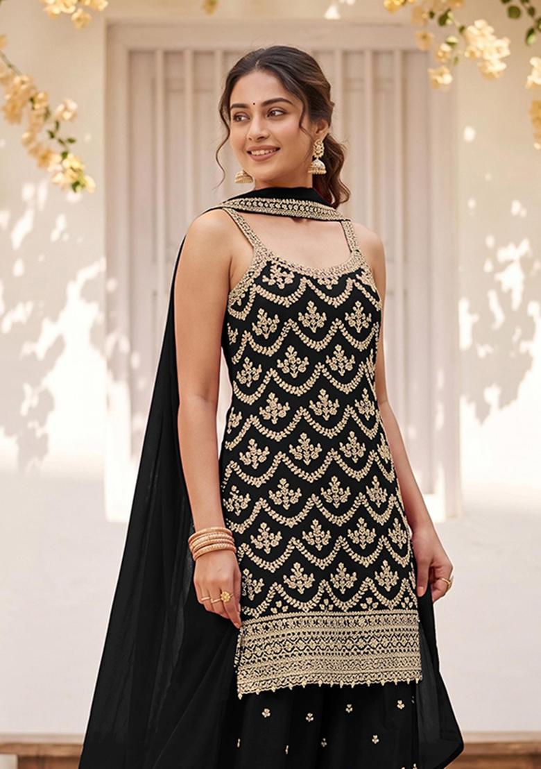 Black Embroidered Silk Kurta Set - Indya