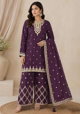 Purple Embroidered Silk Kurta Set