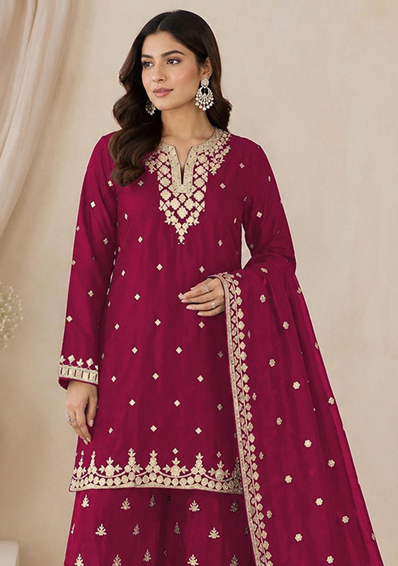 Red Embroidered Silk Kurta Set - Indya