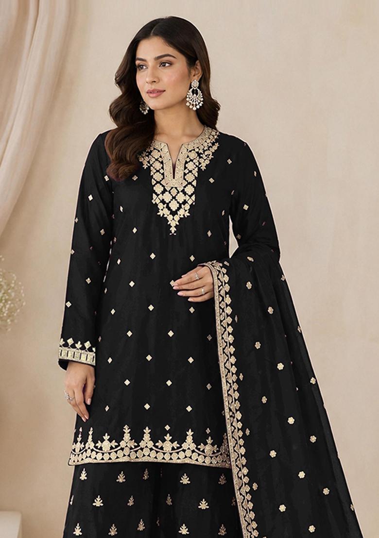 Black Embroidered Silk Kurta Set - Indya