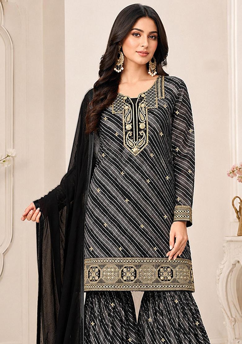 Black Embroidered Georgette Kurta Set - Indya