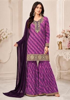 Purple Embroidered Georgette Kurta Set