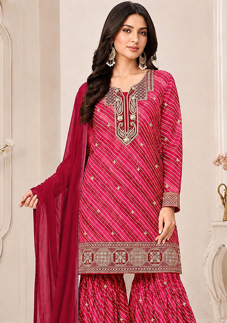Red Embroidered Georgette Kurta Set - Indya