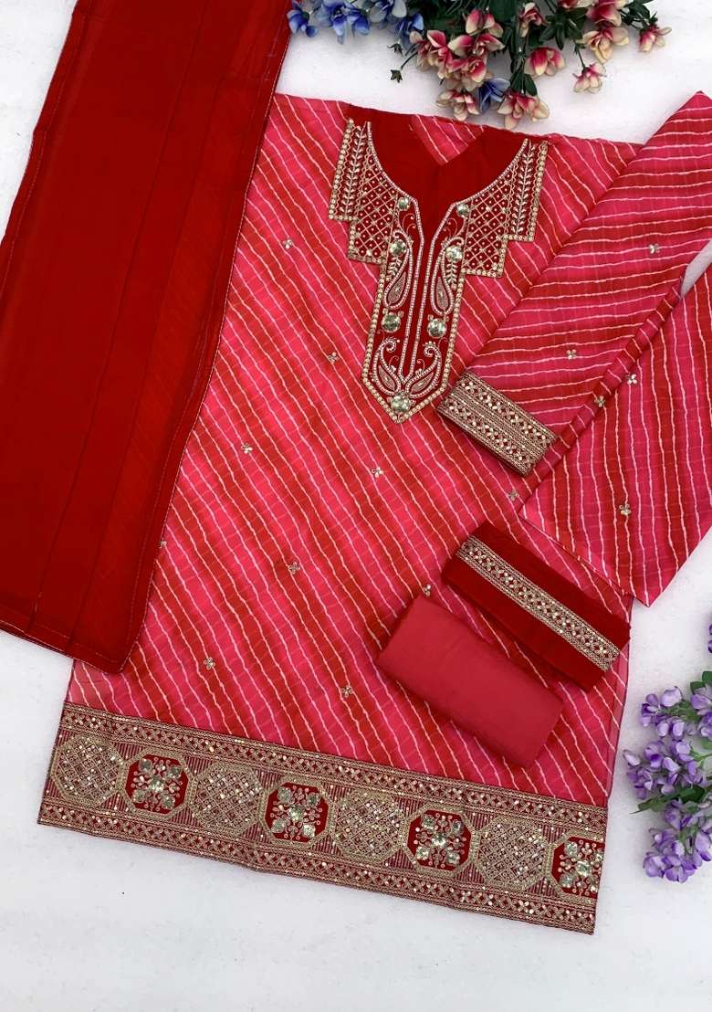 Red Embroidered Georgette Kurta Set - Indya