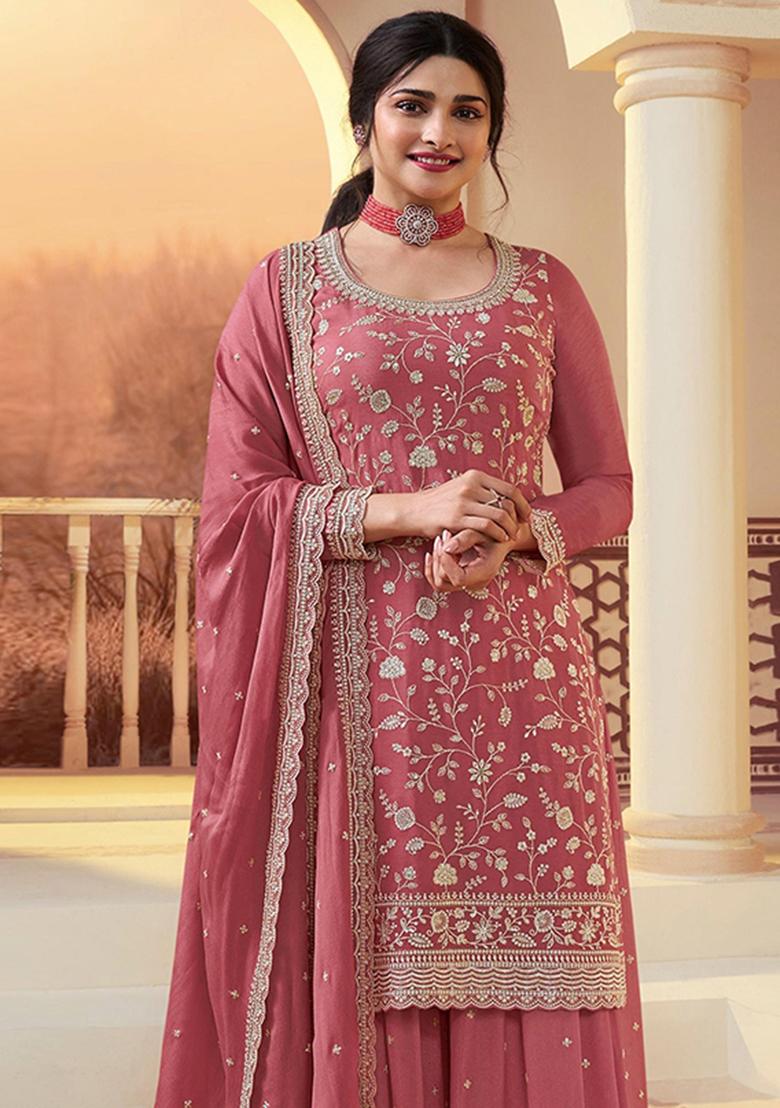 Peach Embroidered Silk Kurta Set - Indya
