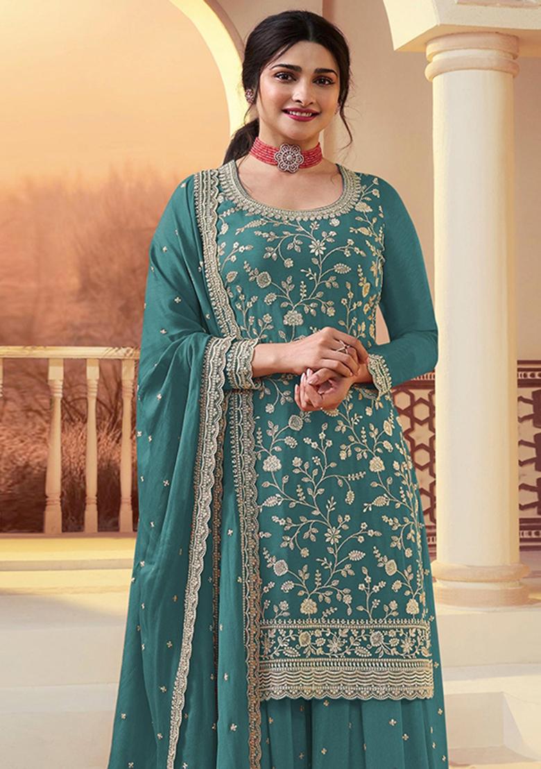 Blue Embroidered Silk Kurta Set - Indya