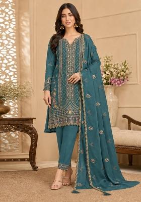 Teal Blue Embroidered Silk Kurta Set