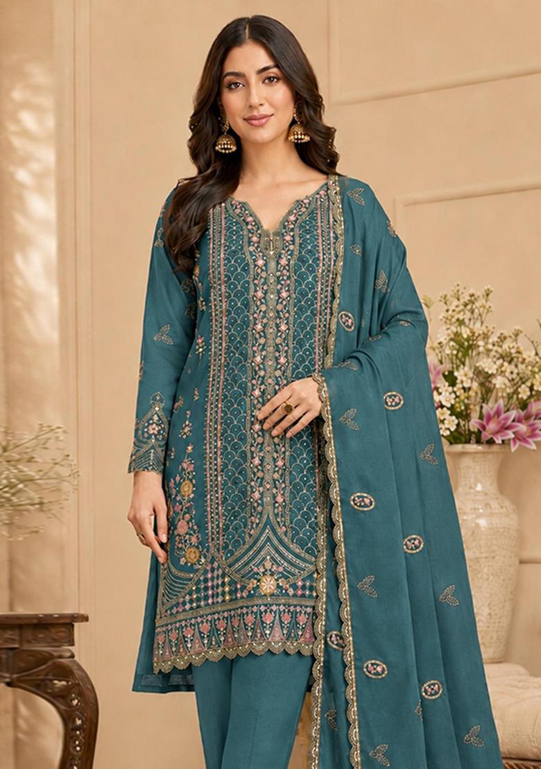 Teal Blue Embroidered Silk Kurta Set - Indya