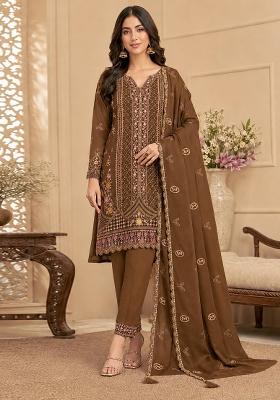Brown Embroidered Silk Kurta Set