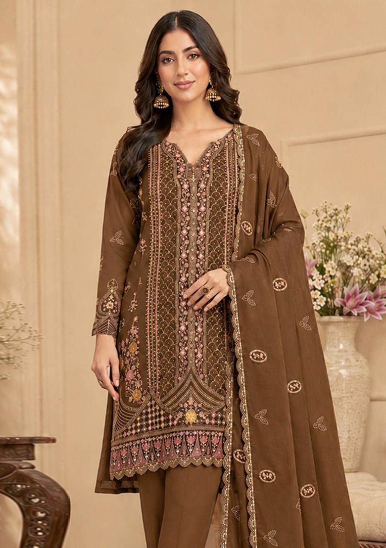 Brown Embroidered Silk Kurta Set - Indya