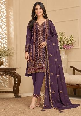 Purple Embroidered Silk Kurta Set