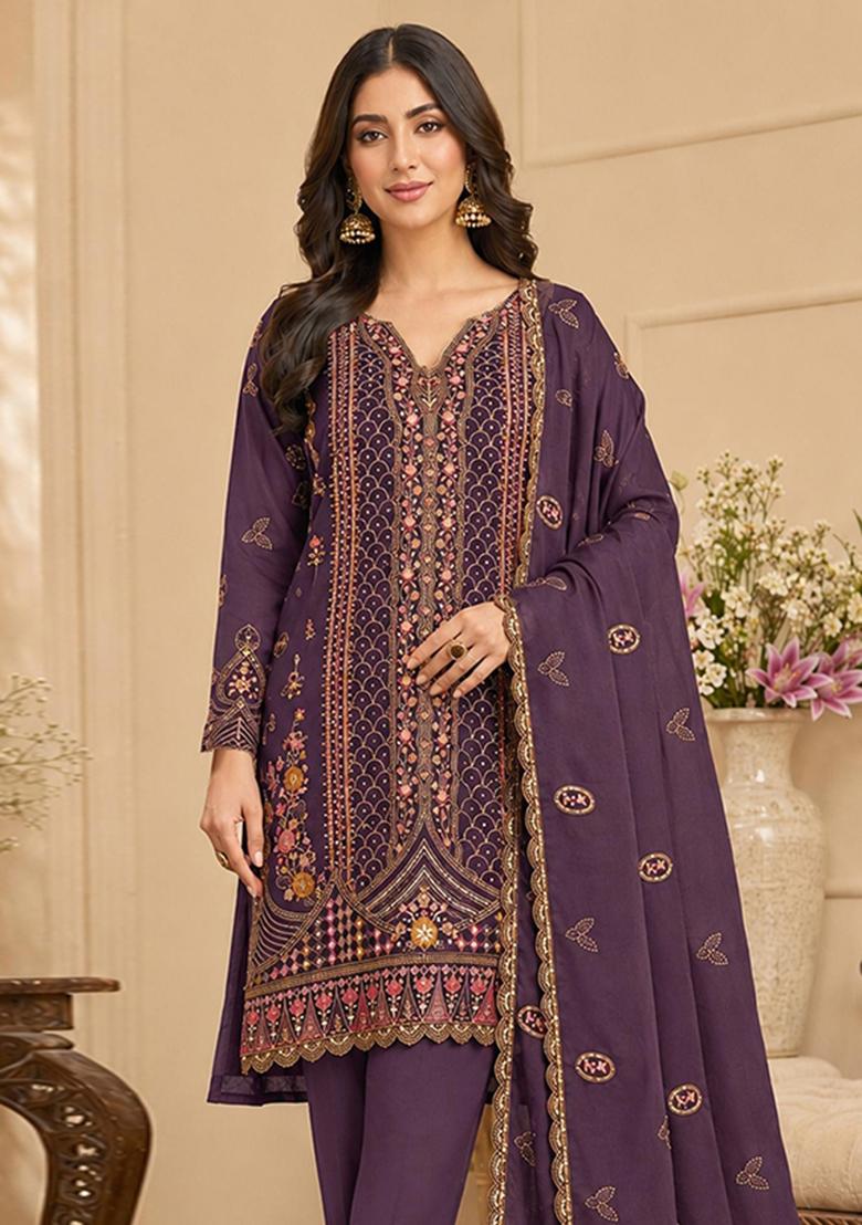 Purple Embroidered Silk Kurta Set - Indya