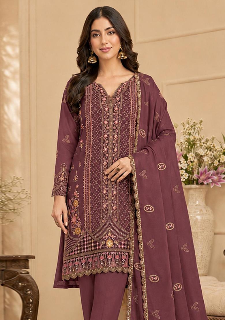 Wine Embroidered Silk Kurta Set - Indya