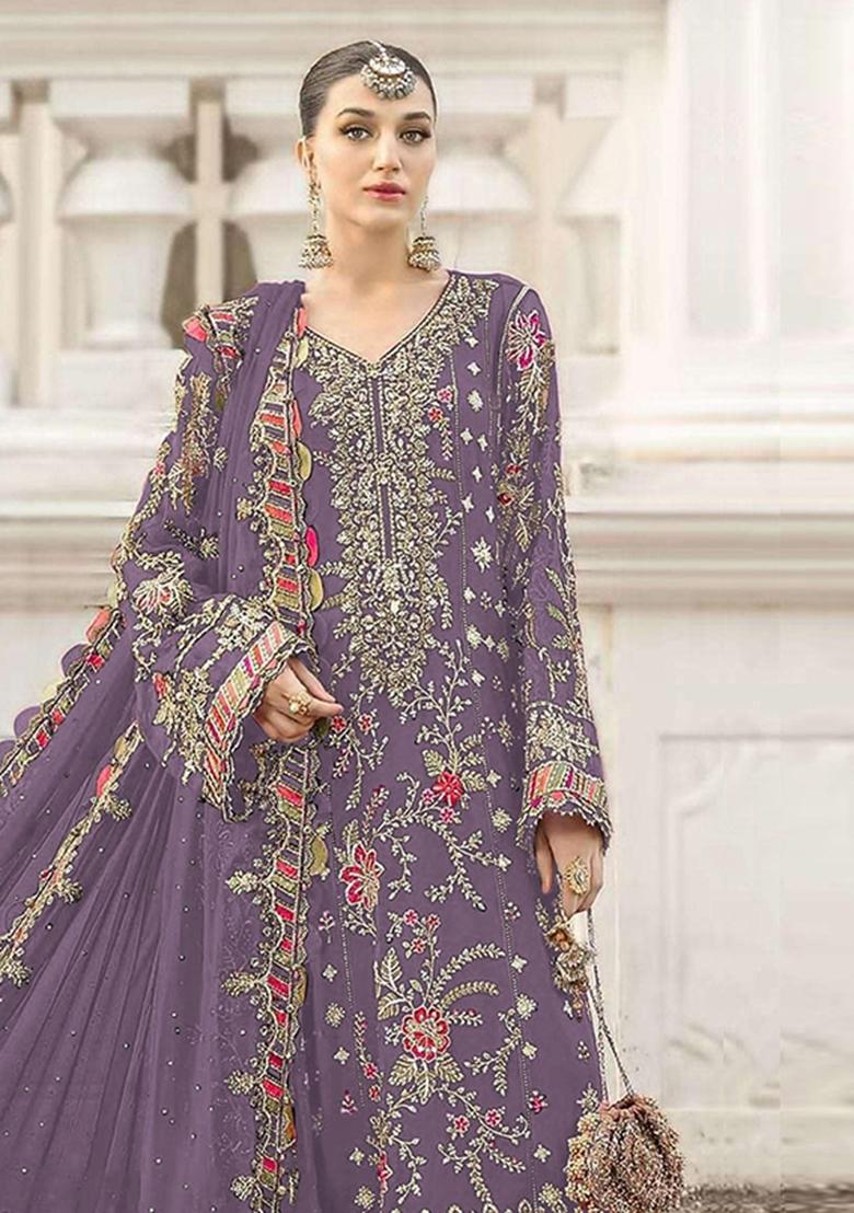 Lavender Embroidered Chiffon Kurta Set - Indya