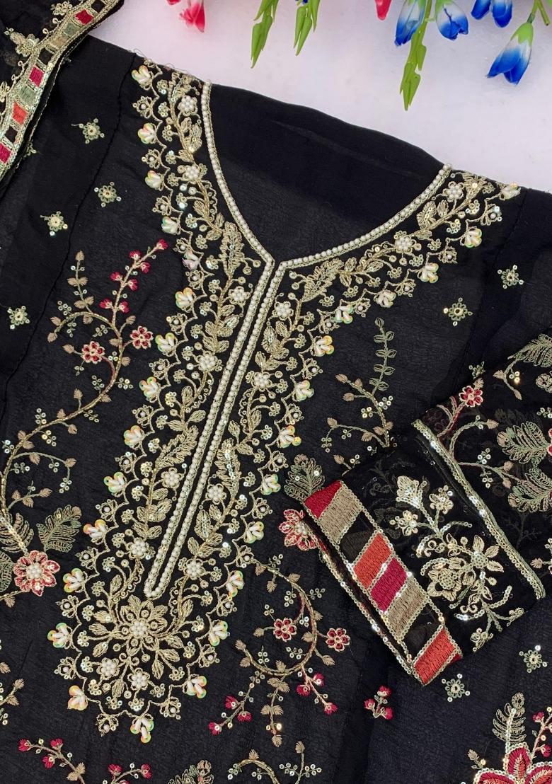 Black Embroidered Chiffon Kurta Set - Indya