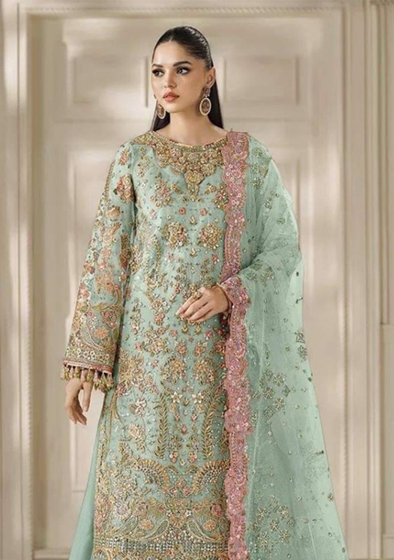 Sea Green Embroidered Chiffon Kurta Set - Indya
