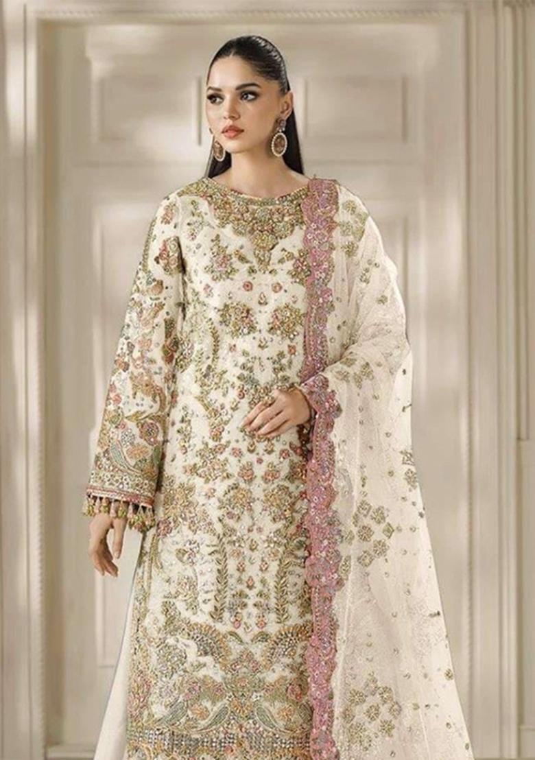 White Embroidered Chiffon Kurta Set - Indya