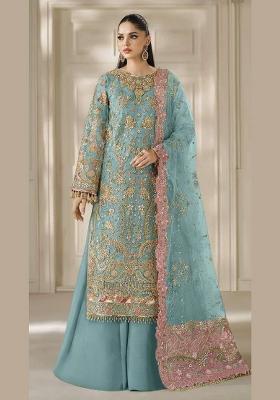Blue Embroidered Chiffon Kurta Set