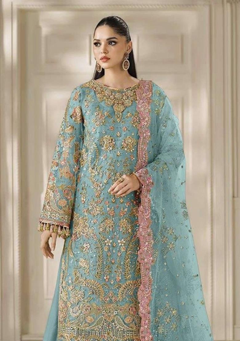 Blue Embroidered Chiffon Kurta Set - Indya