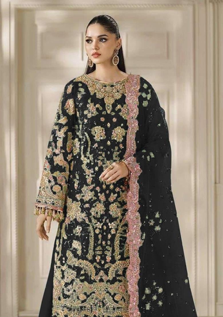 Black Embroidered Chiffon Kurta Set - Indya