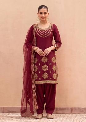 Maroon Embroidered Silk Kurta Set