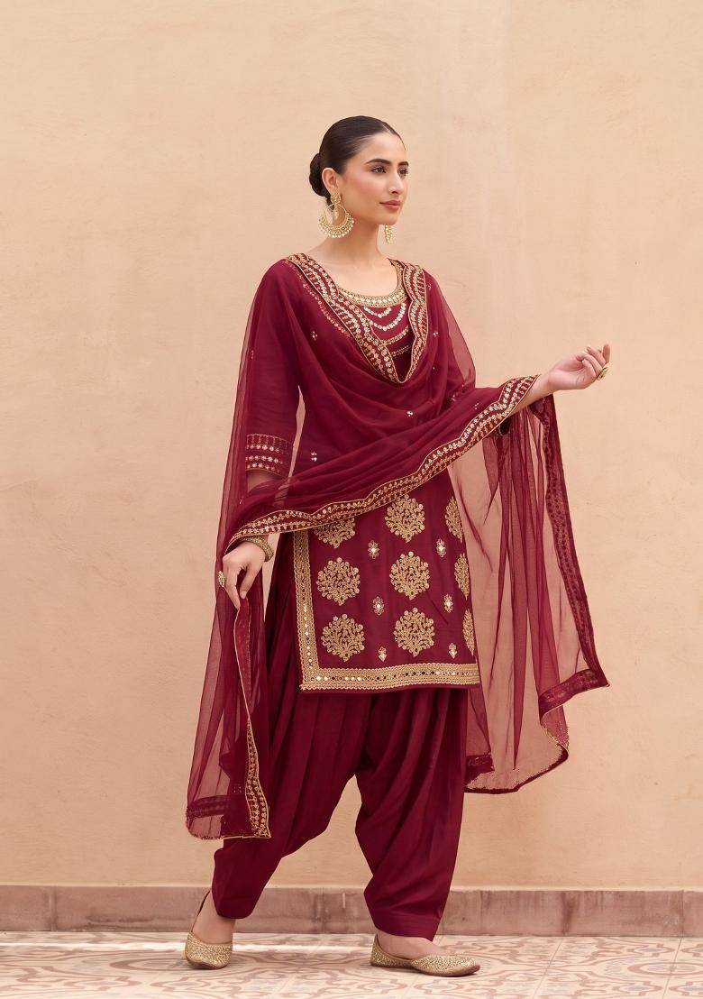 Maroon Embroidered Silk Kurta Set - Indya