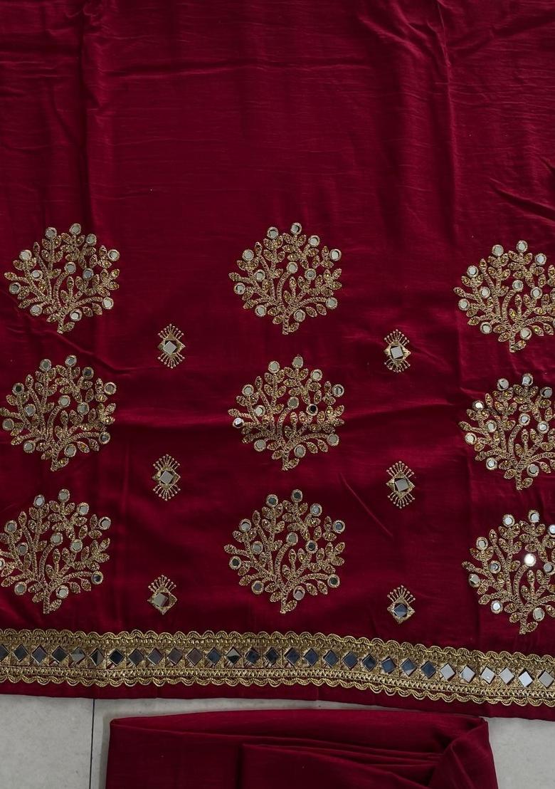 Maroon Embroidered Silk Kurta Set - Indya