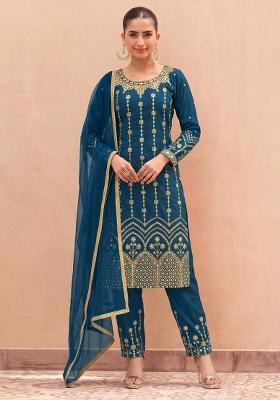 Teal Blue Embroidered Silk Kurta Set