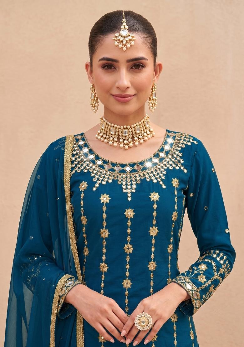 Teal Blue Embroidered Silk Kurta Set - Indya